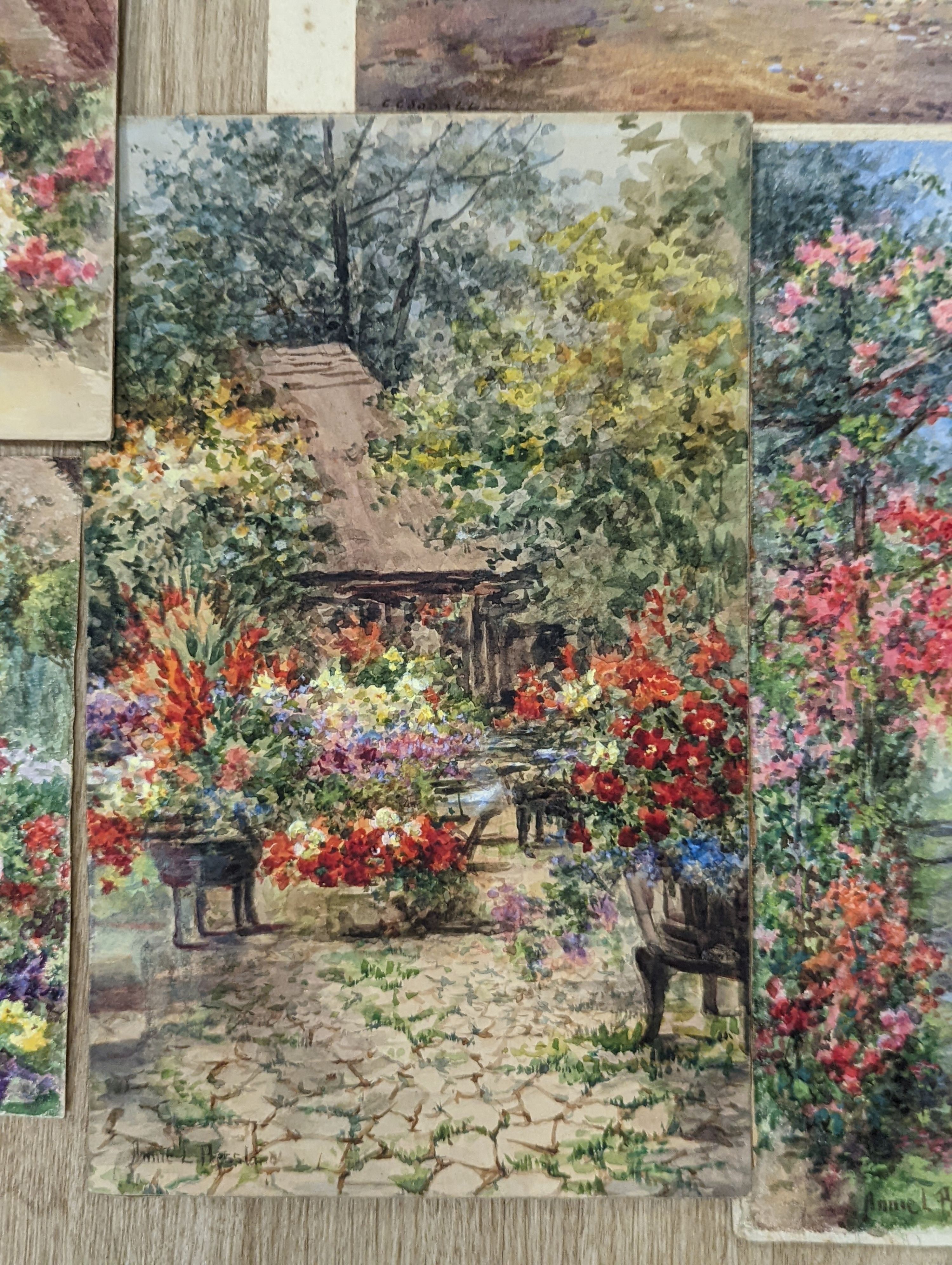 Annie Pressland (1862-1933), four watercolours; The Pergola, In The Rose Garden, The Rose Garden , Wannock & The Tea Court, Wannock, signed, 17.5 x 28cm. and two watercolours by George Goodall; A Glimpse of the Nile & An